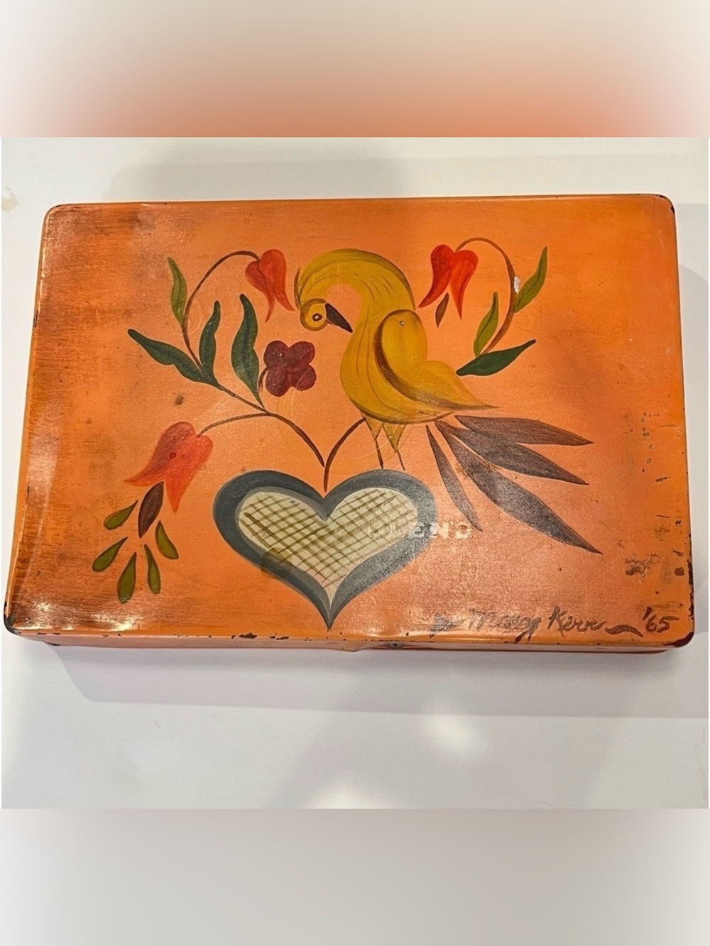Vintage Trinket Box Hinged Lid Hand Painted Bird Signed 1965 Peach Yellow Green